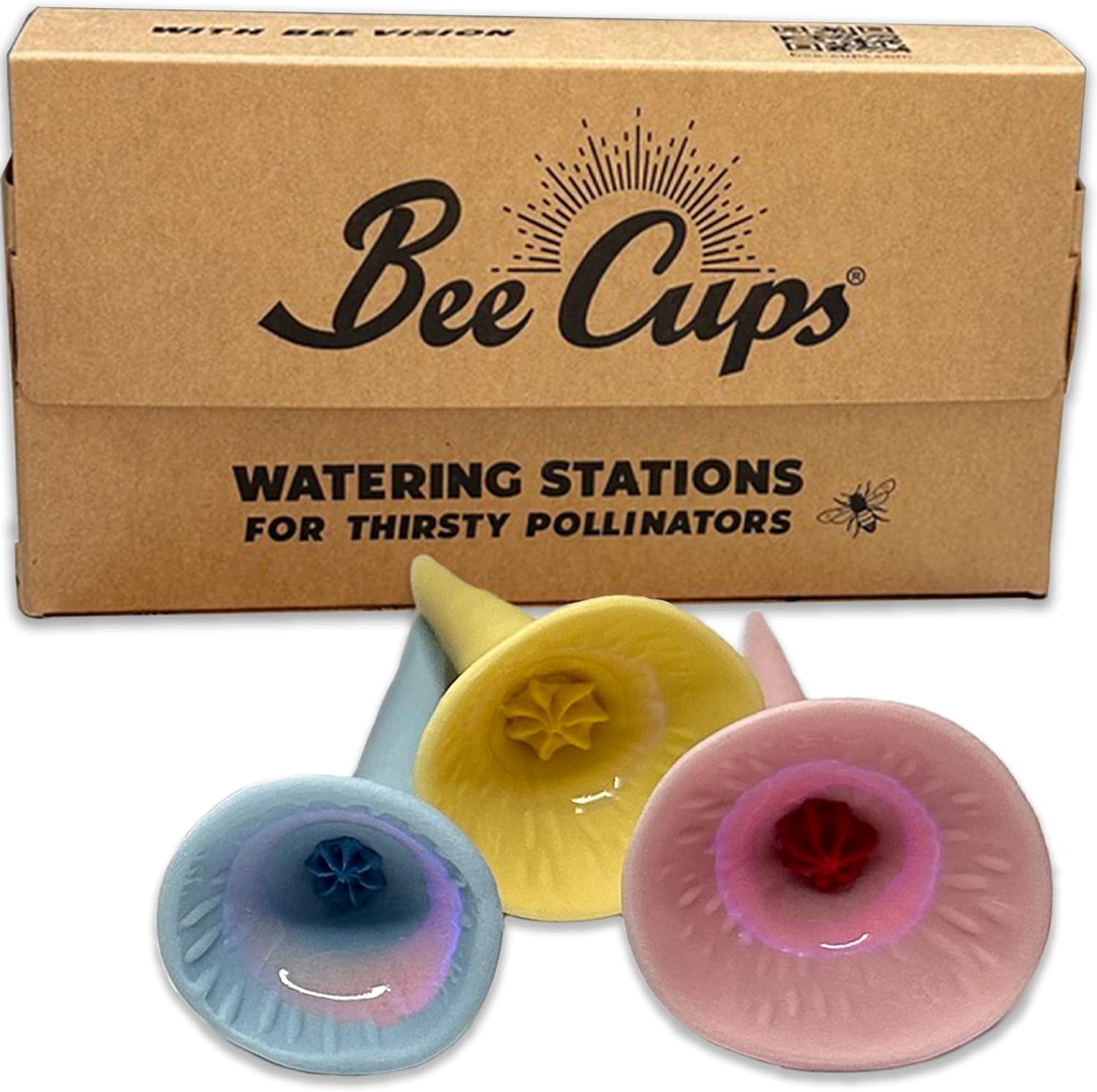 Bee Cups 3 Pack, Bee Watering Station, Butterfly Feeder, Bee Feeder, Garden Decor, Bee Decor, Outdoor Garden Decor, for Thirsty Pollinators, Plastic Free, Handmade From Porcelain (3, Pastel Variety)