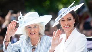 Queen Camilla and the Princess of Wales travel by carriage at Trooping the Colour on June 02, 2022