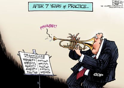 Political Cartoon U.S. GOP Obamacare replacement failure 7 years later