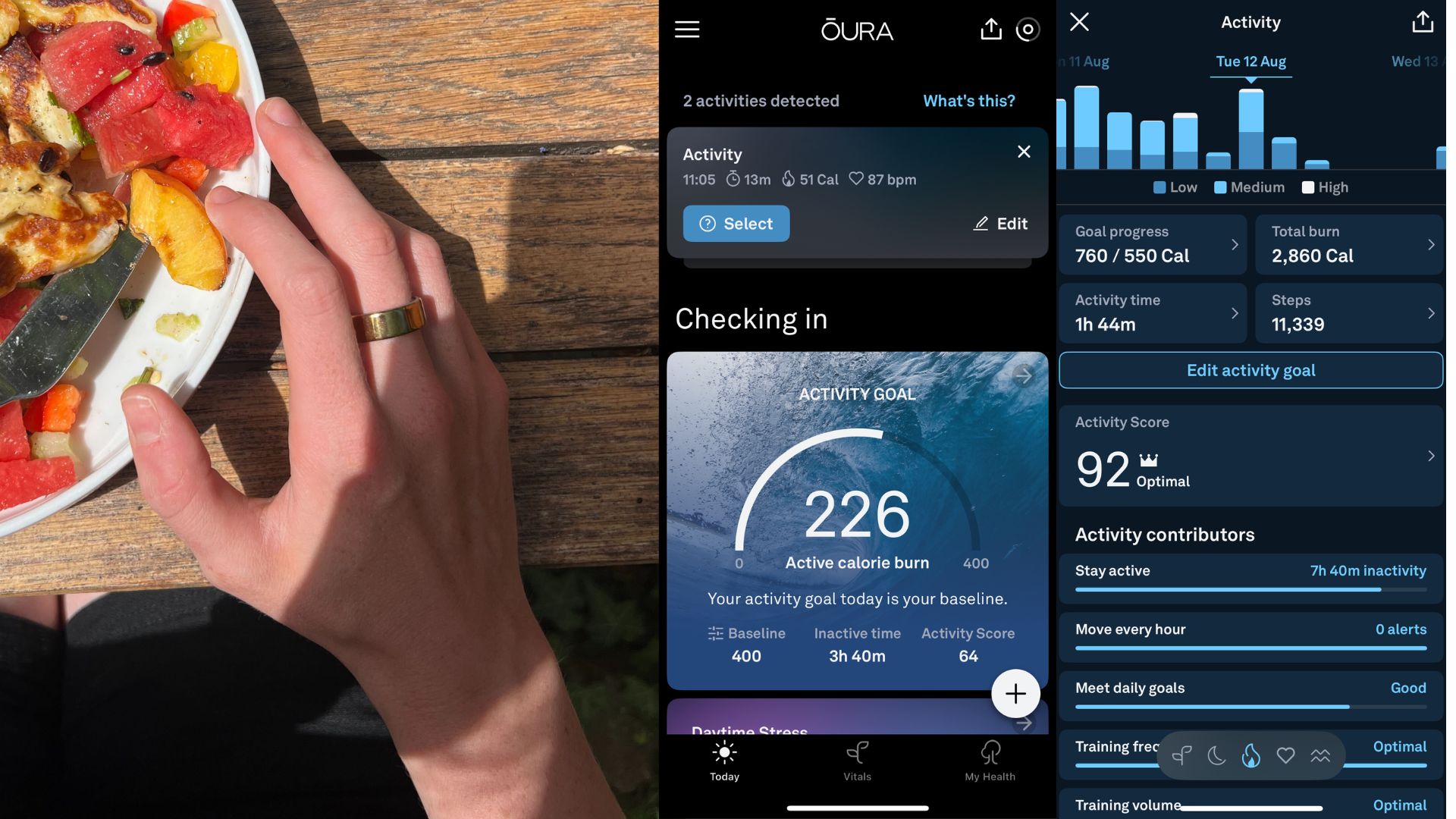 Grace Walsh wearing the Oura Ring Generation 4 next to screenshots from Oura app for exercise and movement