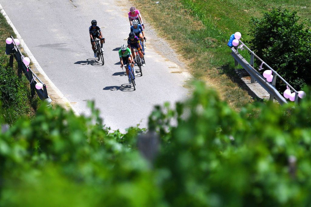 CORMONS ITALY JULY 11 Anna Van Der Breggen of Netherlands and Team SD Worx Pink Leader Jersey Elisabeth DeignanArmitstead of United Kingdom and Team Trek Segafredo Coryn Rivera of United States and Team DSM Elise Chabbey of Switzerland and Canyon SRAM Racing Team Lucinda Brand of Netherlands and Team Trek Segafredo Green Mountain Jersey in breakaway during the 32nd Giro dItalia Internazionale Femminile 2021 Stage 10 a 113km stage from Capriva del Friuli to Cormons GiroDonne UCIWWT on July 11 2021 in Cormons Italy Photo by Luc ClaessenGetty Images