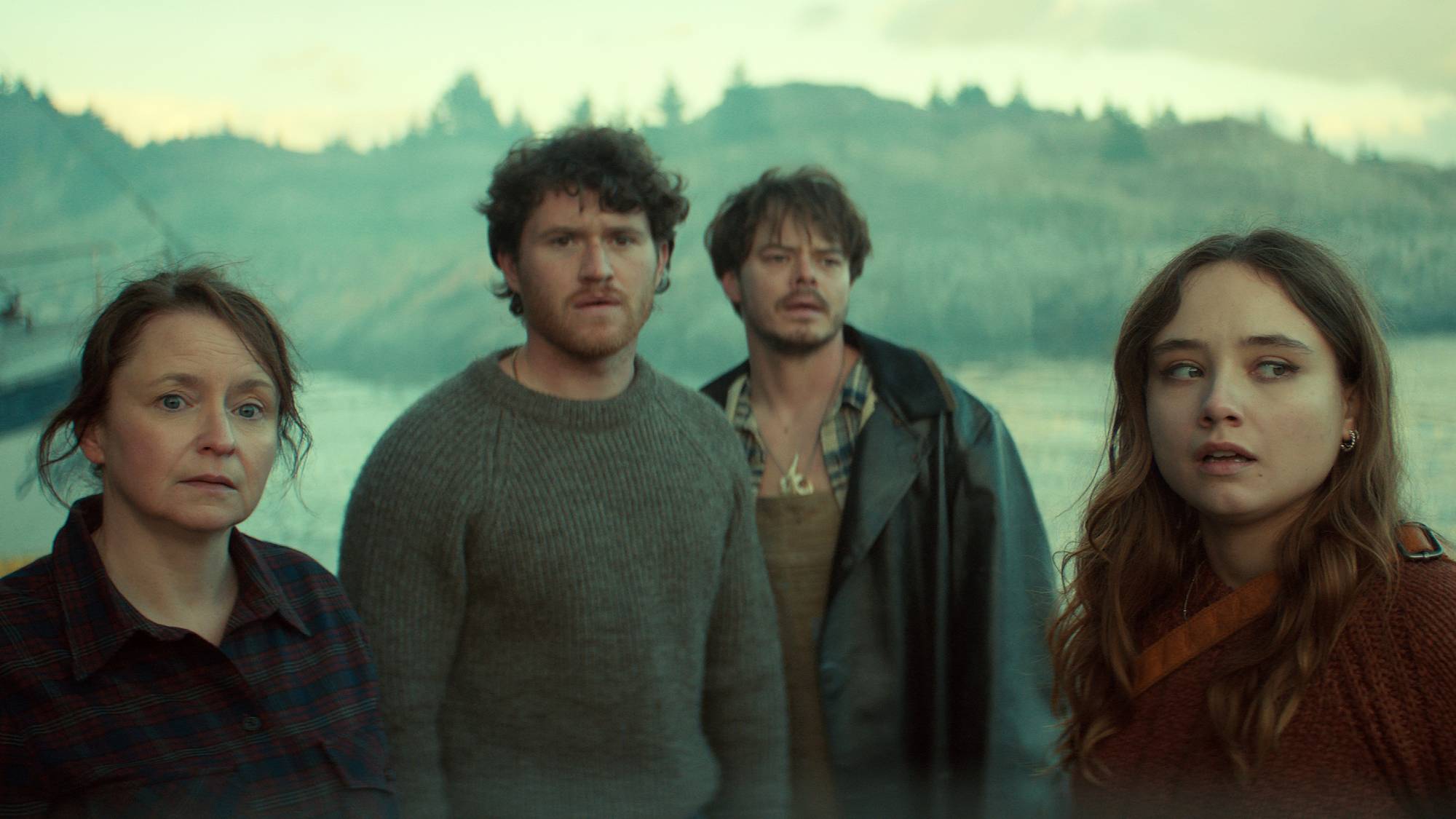 Willow Kean as Ruth, Rohan Campbell as Jay Penney, Charlie Heaton as Wade, and Ruby Stokes as Mary in "Below" on Netflix