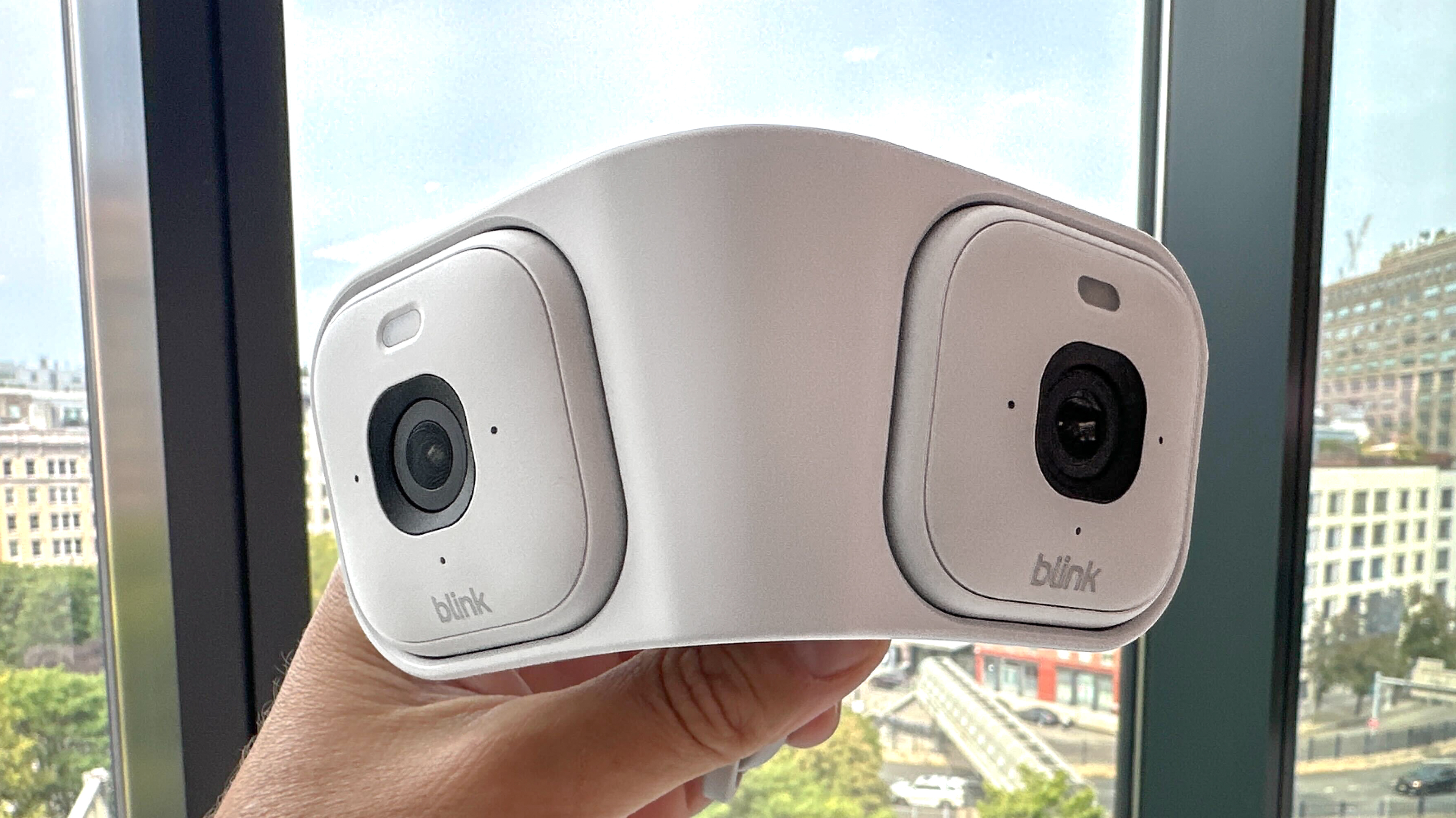 The new dual-camera Blink Arc in hand at Amazon's fall hardware and services event