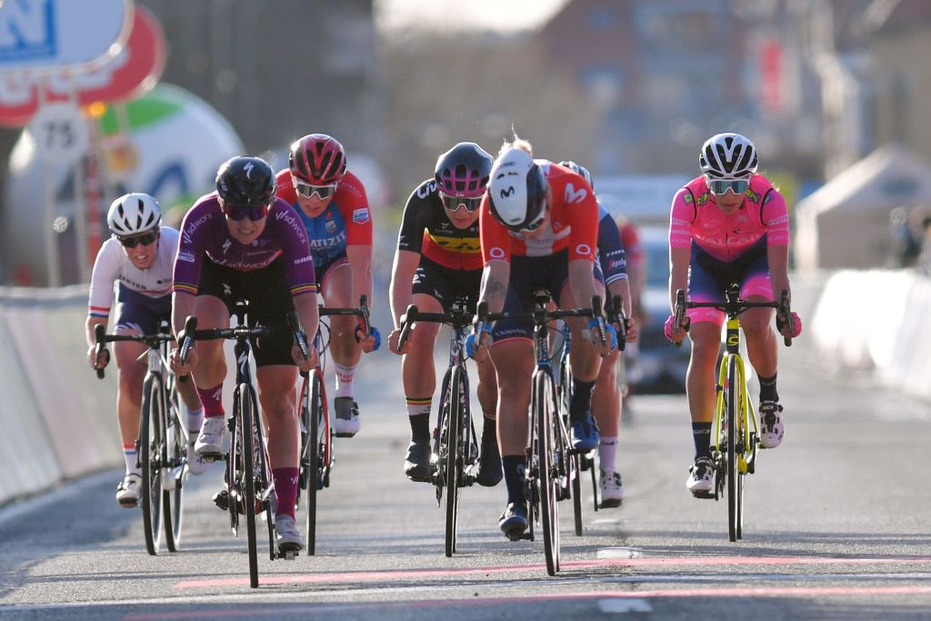 DE PANNE BELGIUM MARCH 25 Arrival Alice Barnes of United Kingdom and Team Canyon SRAM Racing Jolien Dhoore of Belgium and Team SD Worx Kirsten Wild of Netherlands and Ceratizit WNT Pro Cycling Team Lotte Kopecky of Belgium and Team Liv Racing Emma Norsgaard Jorgensen of Denmark and Movistar Team Elisa Balsamo of Italy and Team Valcar Travel Service during the 4th Oxyclean Brugge De Panne 2021 Women Classic a 1588km race from Brugge to De Panne OxycleanClassic UCIWWT on March 25 2021 in De Panne Belgium Photo by Luc ClaessenGetty Images