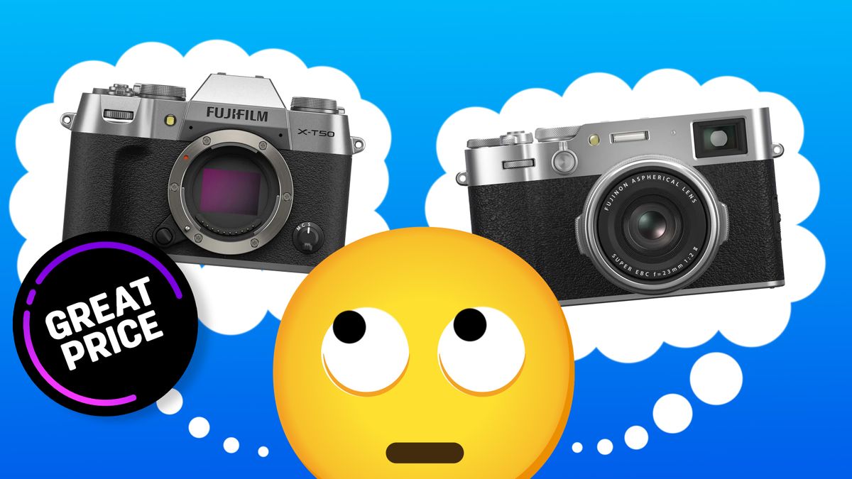 Emoji looking at Fujifilm X-T50 in thought bubble with &#039;Great Price&#039; roundel and with X100VI thought bubble next to it