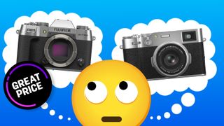 Emoji looking at Fujifilm X-T50 in thought bubble with 'Great Price' roundel and with X100VI thought bubble next to it