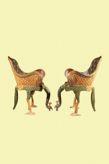 Pair of Ornate Hollywood Regency Polychrome Peacock Armchairs, Tony Duquette.