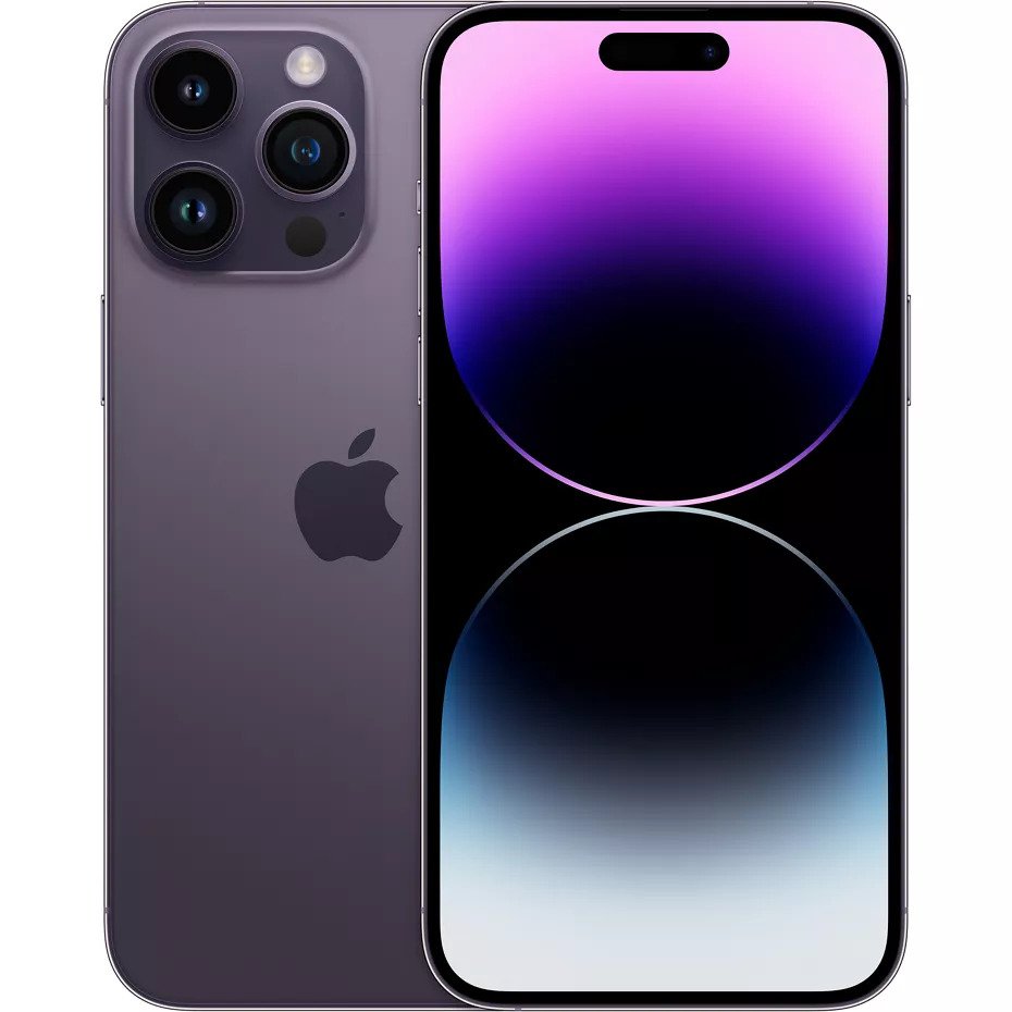 A press image of the iPhone 14 Pro Max in Deep Purple from the back and front