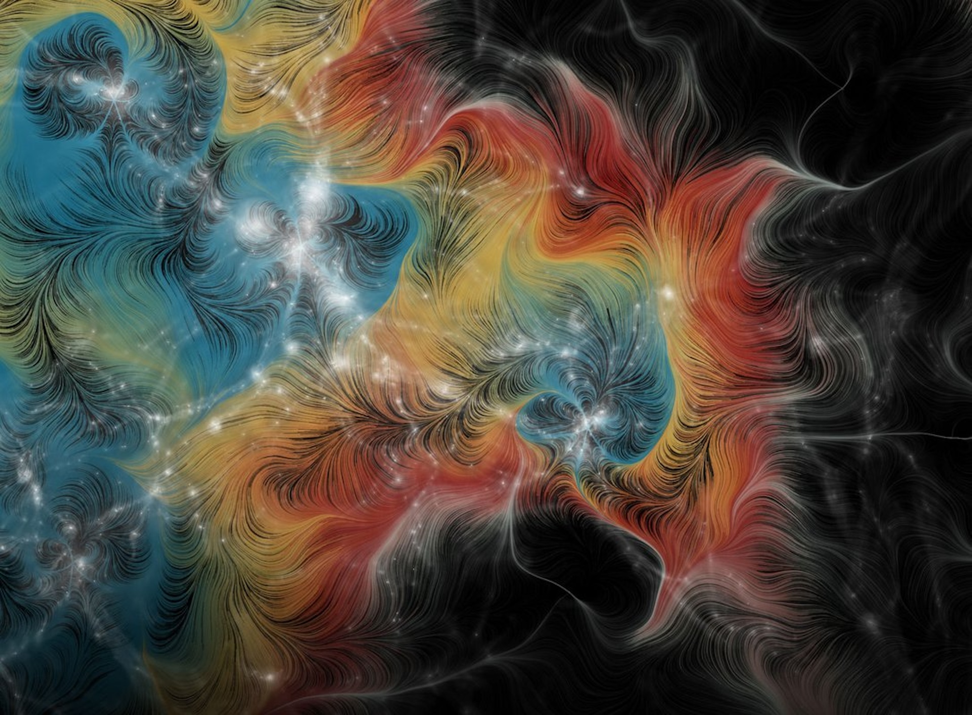 an illustration of marbled rainbow shapes in space