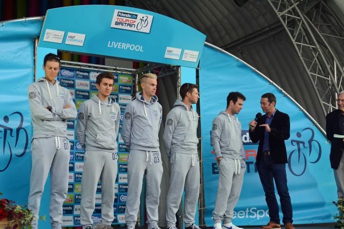 Mark Cavendish interviewed by Ned Boulting as his Omega Pharma-Quick Step team is presented to the crowd