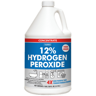 A large white bottle of hydrogen peroxide with a blue and red label. 