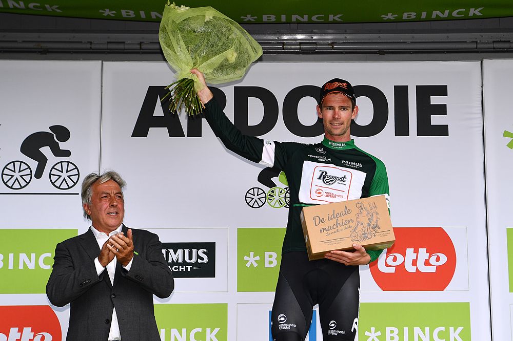 Elmar Reinders of Netherlands and Team Roompot-Nederlandse Loterij Green-Black Combativity Jersey at BinckBank Tour