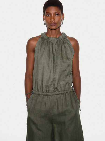 Linen Scooped Tank Top | Khaki