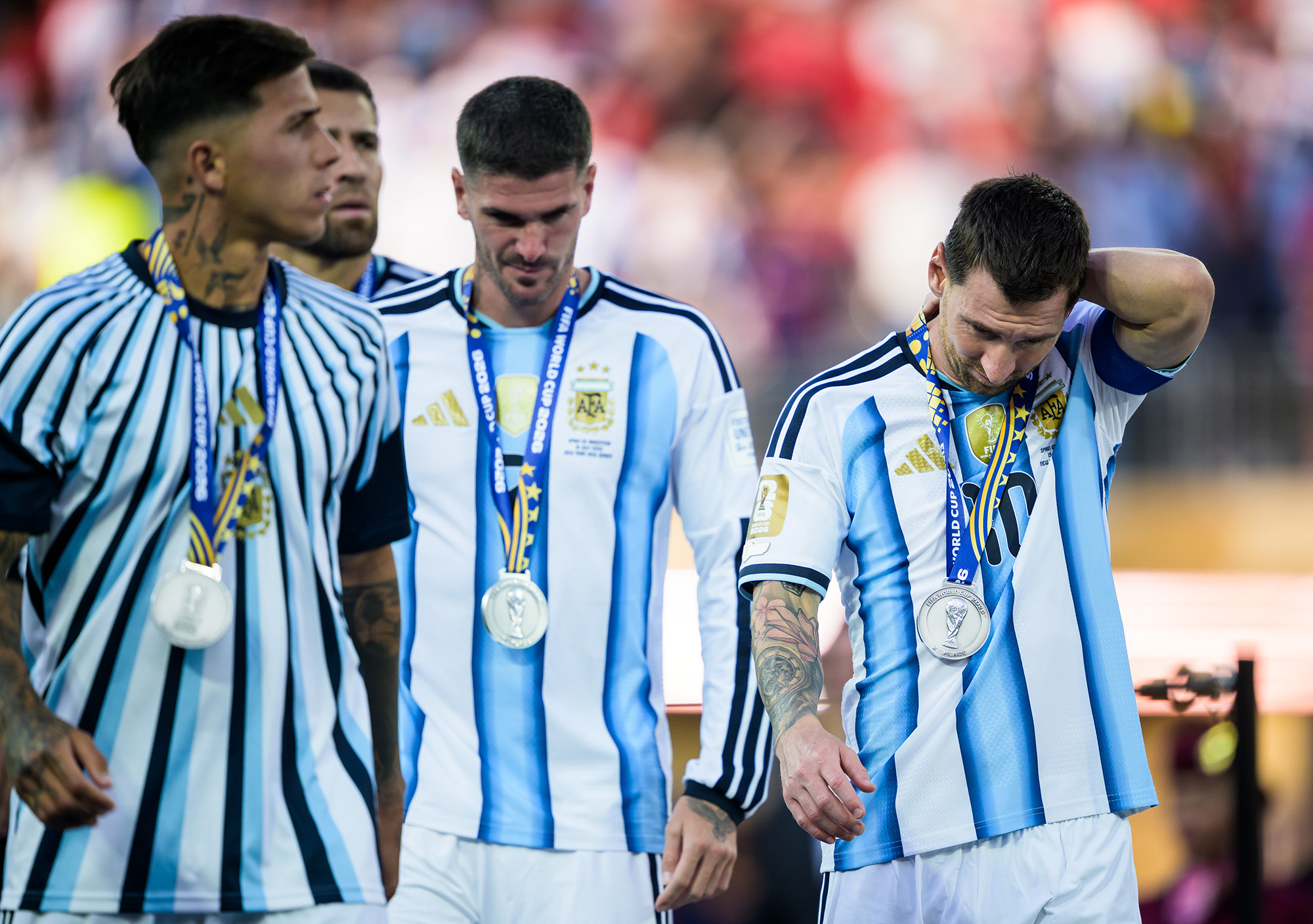 Joel Marklund photograph of the World Cup 2026 showing Argentine players deflated following 1-0 defeat to Spain