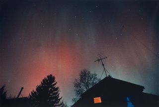 Photograph of the aurora of March 13, 1989, taken from Sea Cliff, NY, by Ken Spencer. The view is looking roughly northeast.