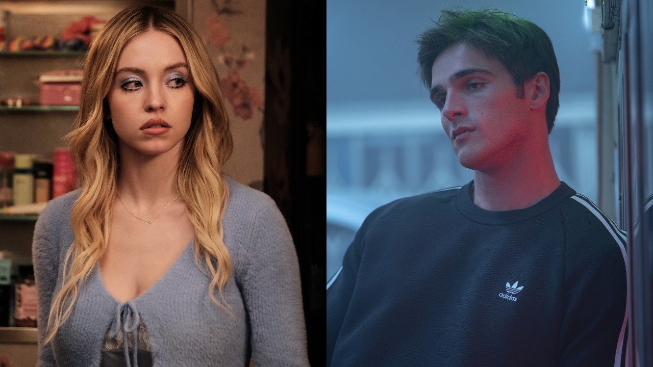From left to right: Sydney Sweeney in Euphoria giving the side eye to the right and Jacob Elordi in Euphoria looking down to his left. 