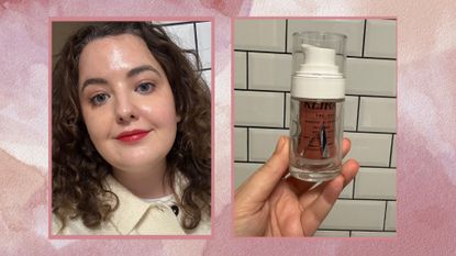 An image of Senior Beauty Editor Rhiannon Derbyshire during her KLIRA review with even clear skin, alongside a bottle of the serum formula