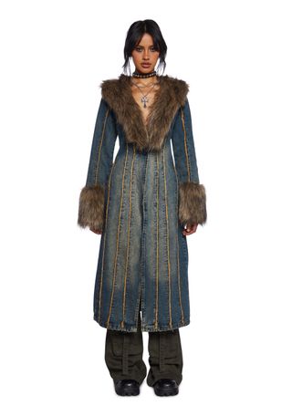 Current Mood Fall Denim Maxi Coat With Faux Fur Trim - Blue