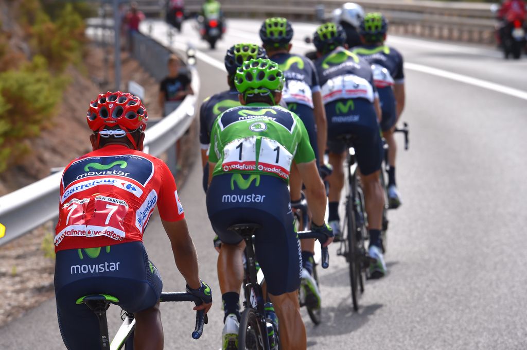 Nairo Quintana sits at the end of the Movistar train
