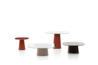 Milan Design Week B&B Italia Allure O'Dot glass tables in red and black, dining and coffee tables