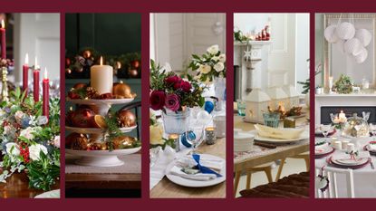 Compilation image of five festive tabletops to show various Christmas centrepiece ideas using flowers, baubles and lanterns