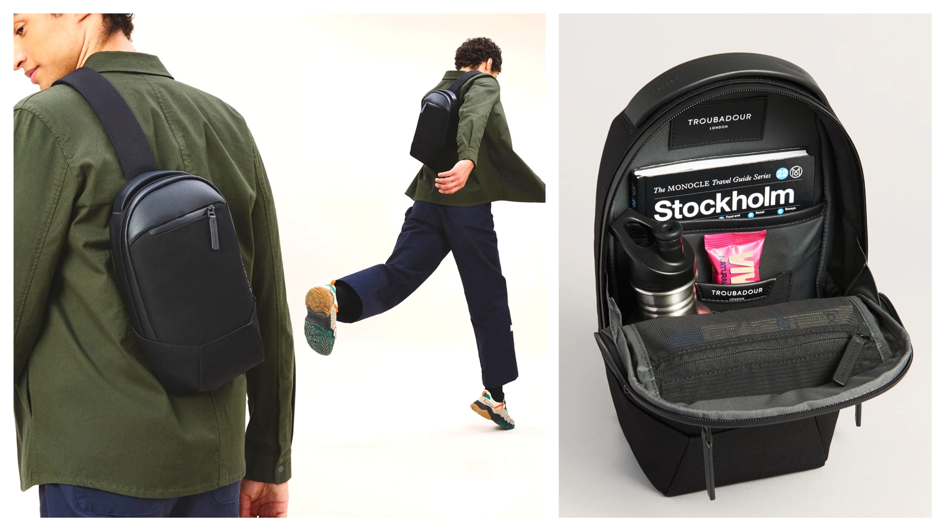 Troubadour Apex Sling as worn by a model, and shown with its central compartment opened.
