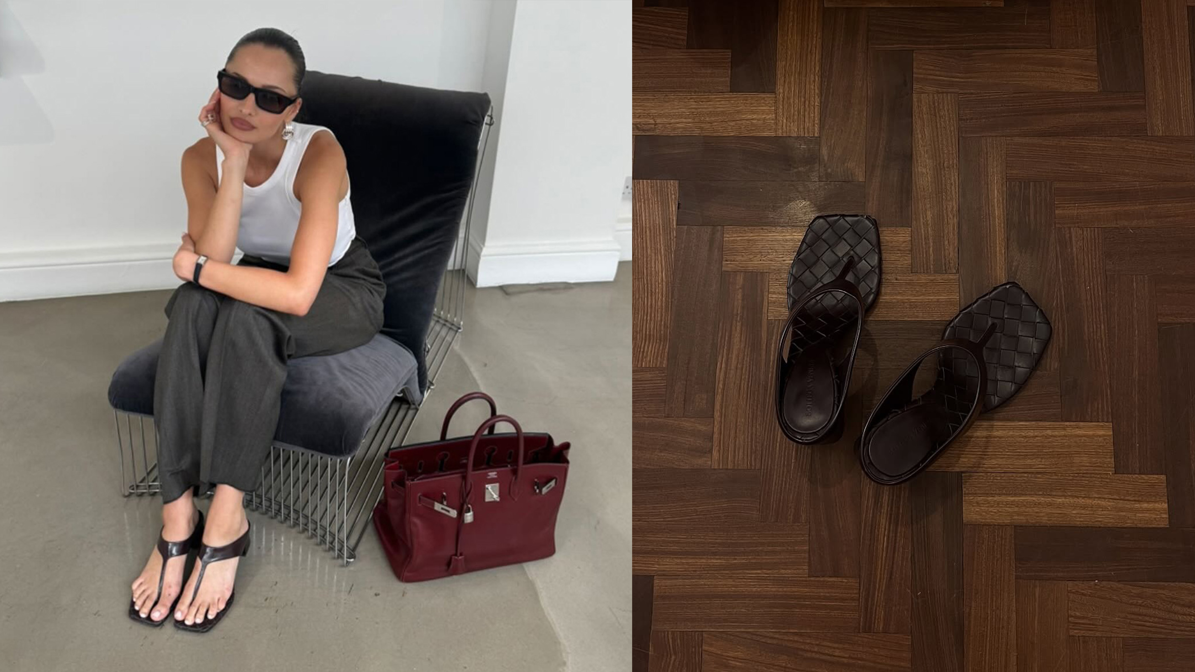 Two photos from Pia Mance and Eliza Huber of Bottega Veneta's extended thong sandals.