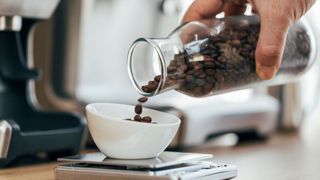 Hand pouring glass of coffee beans into small bowl on weighing scale