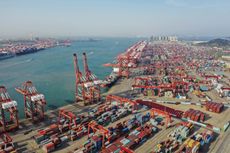 QINGDAO, CHINA - MAY 28: Aerial view of containers sitting stacked at Qingdao Port on May 28, 2019 in Qingdao, Shandong Province of China. (Photo by Han Jiajun/Visual China Group via Getty Im