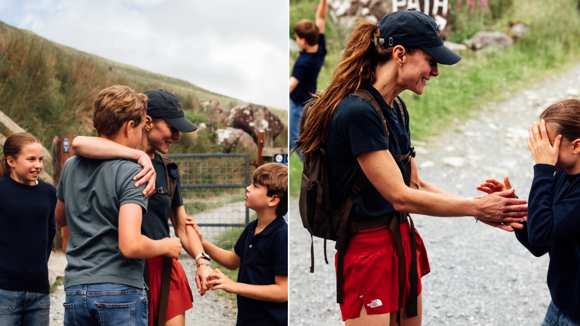 Princess Kate, wore is wearing red shorts and navy baseball cap, is greeted by her three children, Princess Charlotte, Prince George, and Prince Louis, who all wear matching denim jeans