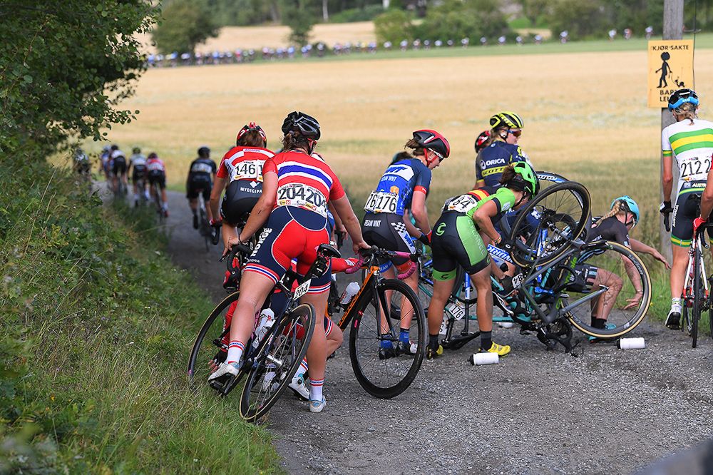 A crash slows riders during stage 2 at the Ladies Tour of Norway