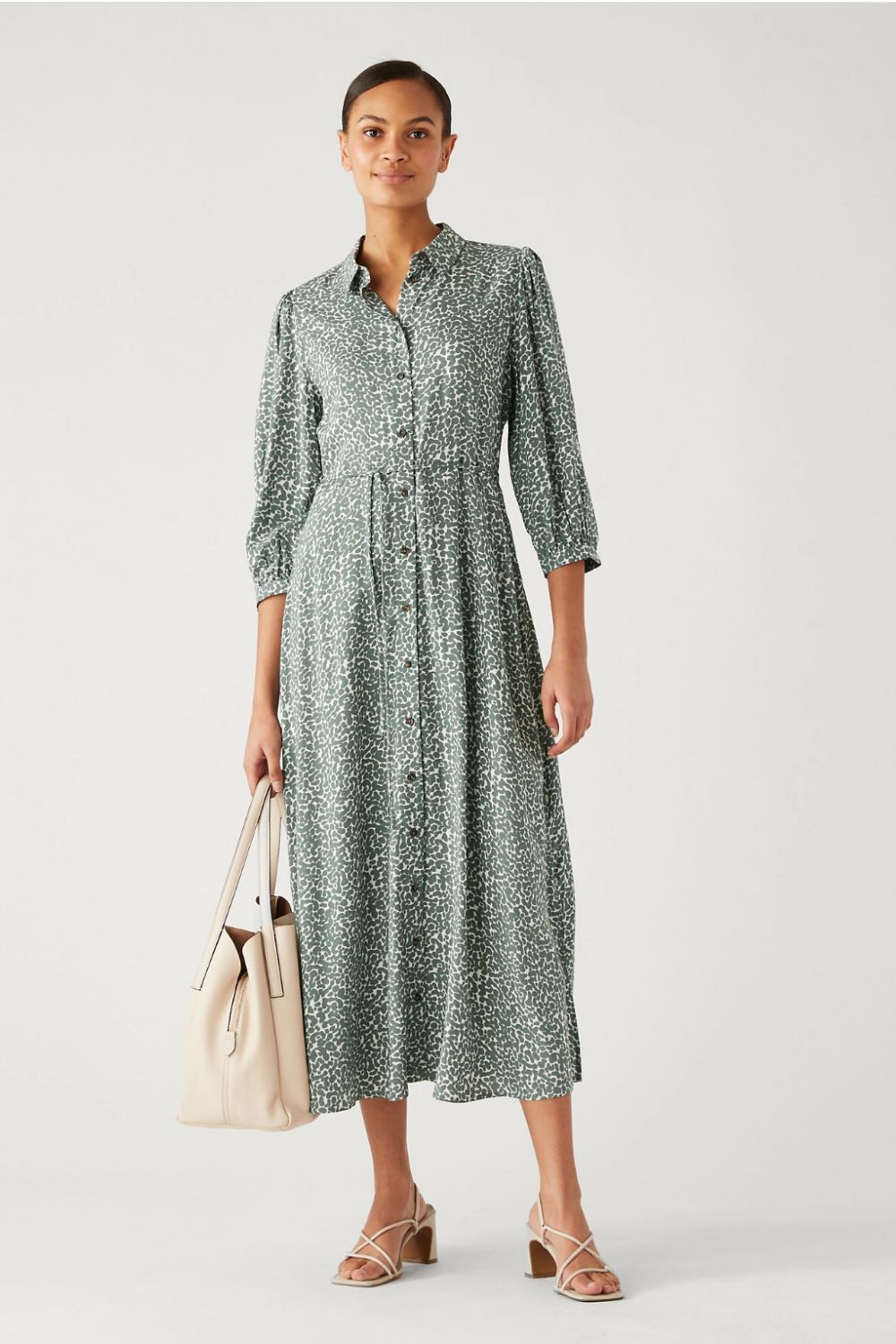 M&S Printed Tie Waist Midi Shirt Dress