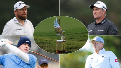 The Abu Dhabi HSBC Championship trophy, with four golfers around it