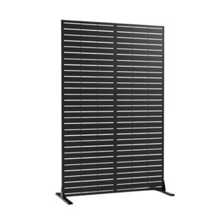 A black rectangular metal panel with louvered slats and two rectangular feet