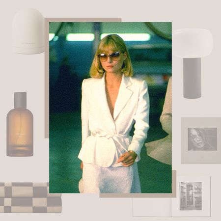image of Michelle Pfeiffer in Scarface with gift guide products around it