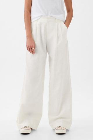 Celana Panjang Katun Linen Pinggang Tinggi Garis Krem & Putih Gap
