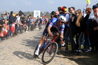 Mathieu van der Poel on his way to victory at Paris-Roubaix in 2023