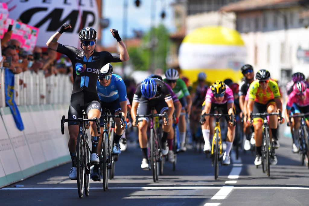 MORTEGLIANO ITALY JULY 09 Lorena Wiebes of Netherlands and Team DSM celebrates at arrival ahead of Emma Norsgaard Jorgensen of Denmark and Movistar Team during the 32nd Giro dItalia Internazionale Femminile 2021 Stage 8 a 1294km stage from San Vendemiano to Mortegliano GiroDonne UCIWWT on July 09 2021 in Mortegliano Italy Photo by Luc ClaessenGetty Images