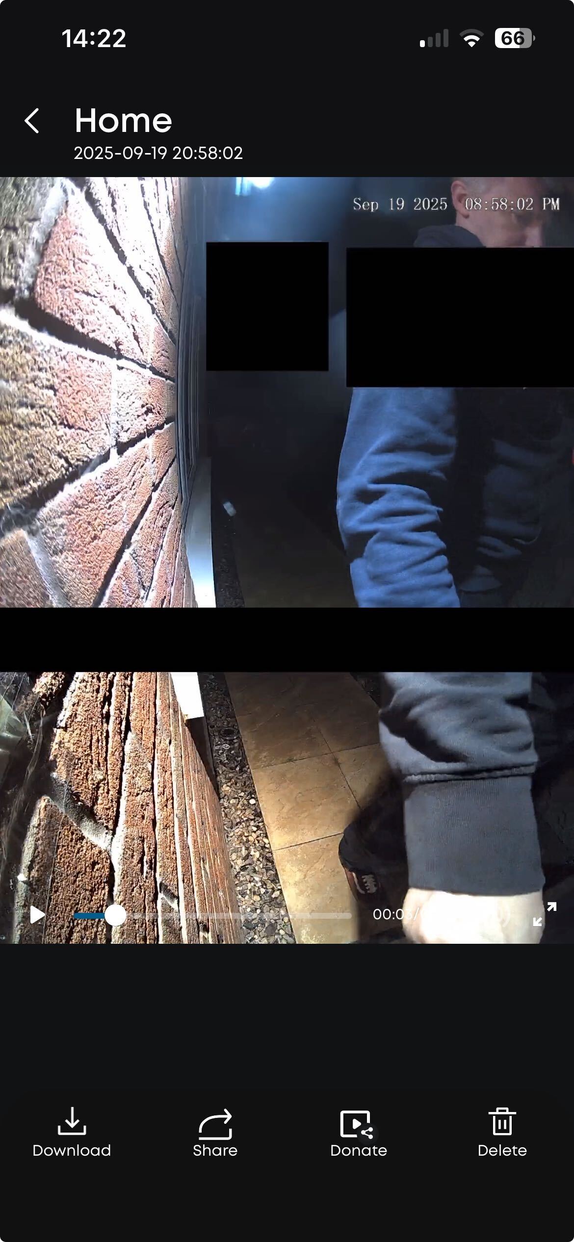 Facial clarity at night on the eufy E340 video doorbell, showin a white male clearly, though the privacy boxes to protect my neighbors are covering his lower face