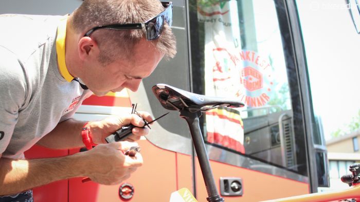 Mechanics had to install mounts for the GPS transponders that all Tour racers have to use this year