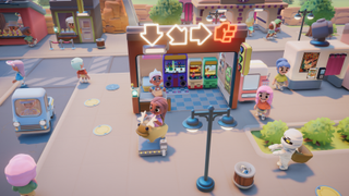 Chibi characters hang out outside an arcade.