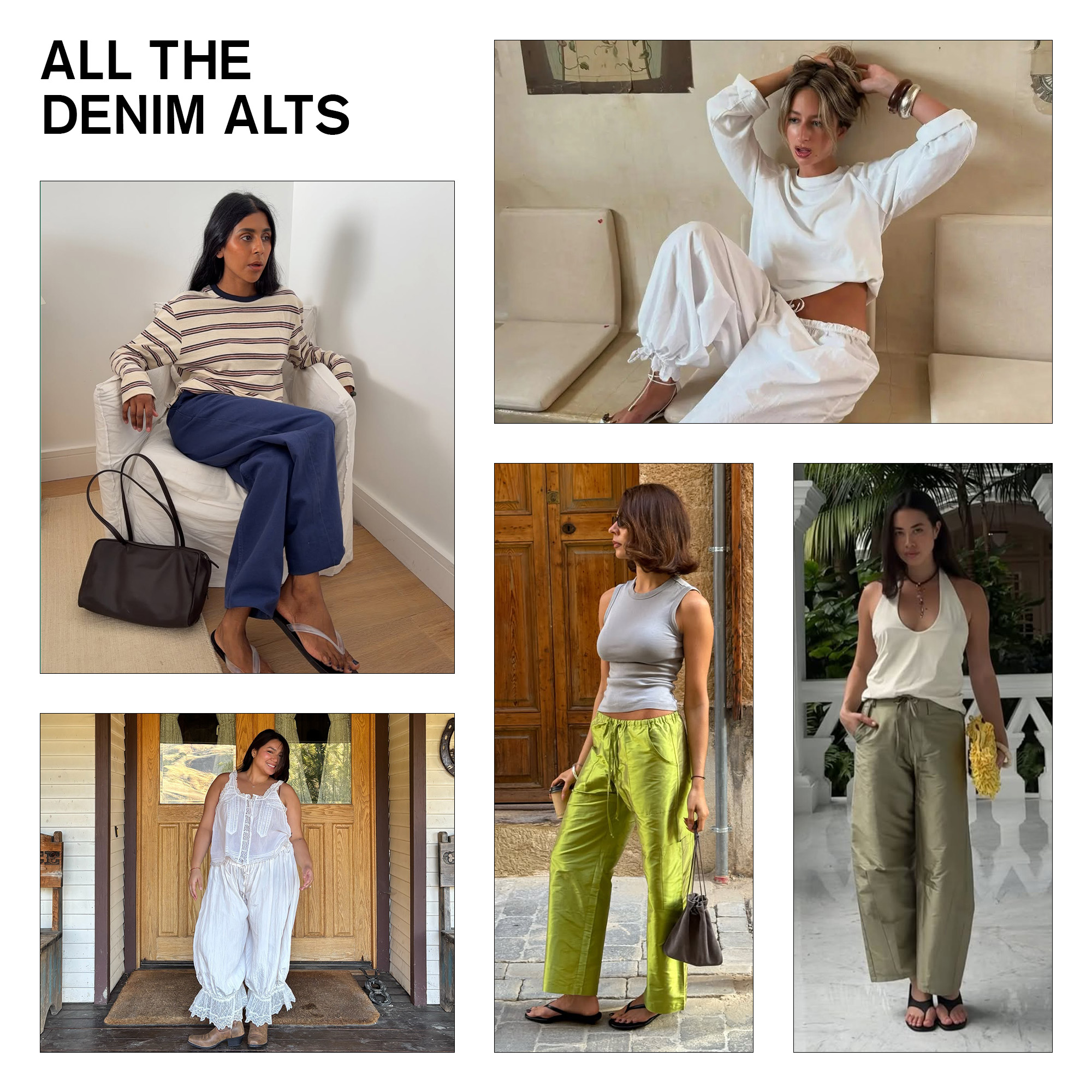 a collage of influencer and celebrity outfit images featuring the biggest vacation fashion trends of 2026