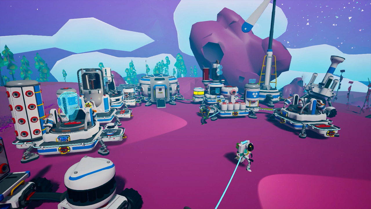 Still from the video game Astroneer. An astronaut is exploring a minimalistic, cartoonish purple planet. They are walking around their space base compound.
