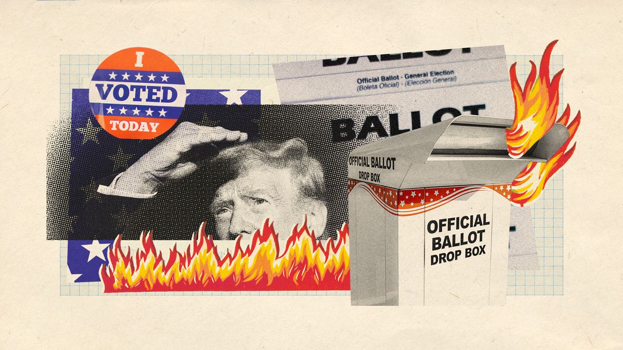 Photo collage of Donald Trump, a ballot box on fire, and an &quot;I voted today&quot; sticker