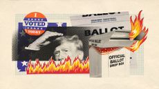 Photo collage of Donald Trump, a ballot box on fire, and an "I voted today" sticker