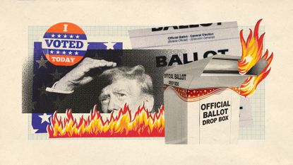 Photo collage of Donald Trump, a ballot box on fire, and an &quot;I voted today&quot; sticker