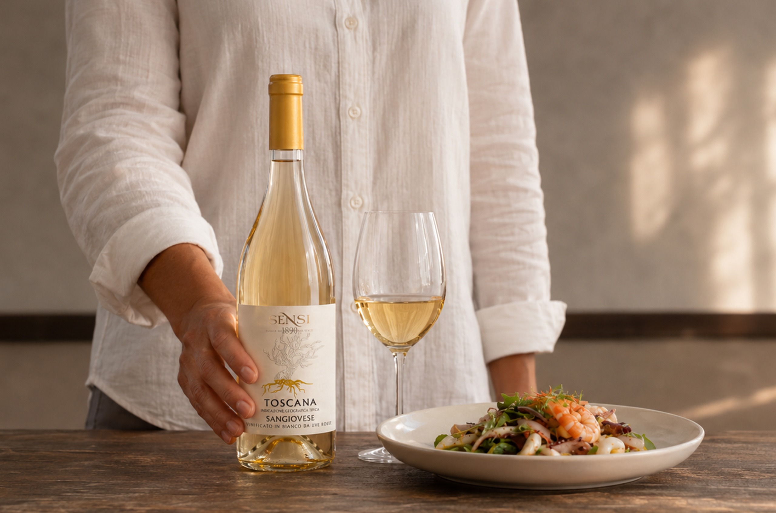 Close-up shot of man in white shirt with his hand ion a bottle of Toscana white wine, with a glass of it and plate of prawn salad next to it