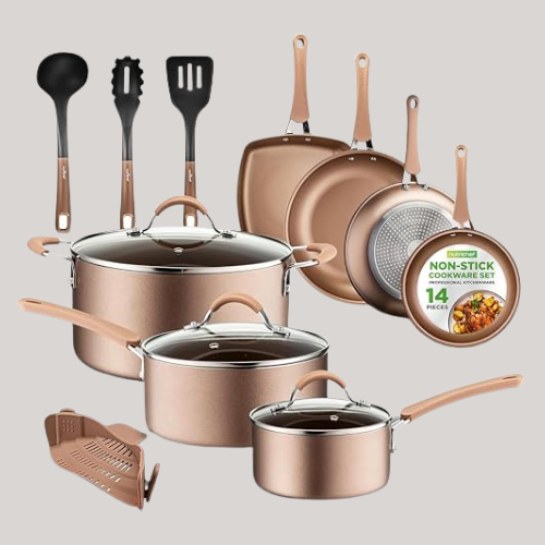 Nutrichef Pots and Pans Set Stackable - Ceramic Non Stick Pan Set, Induction Hob Cookware, Premium Cooking Set W/lids, Heat Resistant, 14 Pcs, Gold