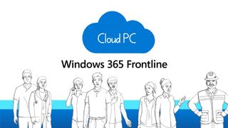 A still from the announcement video for Cloud PC app Windows Frontline, showing the product name and hand-drawn illustrations of workers.