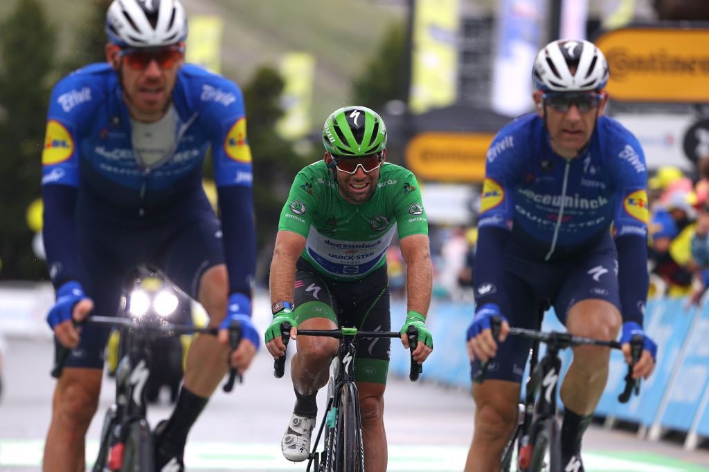 TIGNES FRANCE JULY 04 Mark Cavendish of The United Kingdom and Team Deceuninck QuickStep Green Points Jersey at arrival during the 108th Tour de France 2021 Stage 9 a 1449km stage from Cluses to Tignes Monte de Tignes 2107m LeTour TDF2021 on July 04 2021 in Tignes France Photo by Tim de WaeleGetty Images
